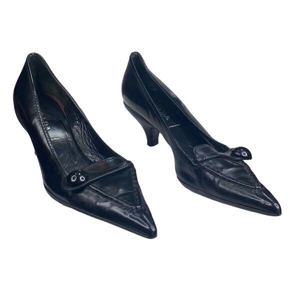 Prada Women’s Black Leather Pointed Toe Kitten Heel Size 37.5 US 7.5 - Picture 5 of 14